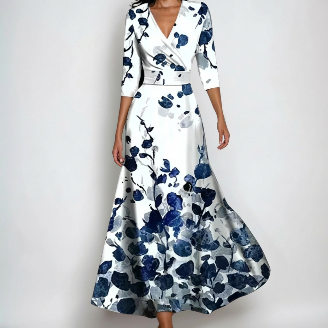 Mallory floral wrap dress in white and blue, full-length front view
