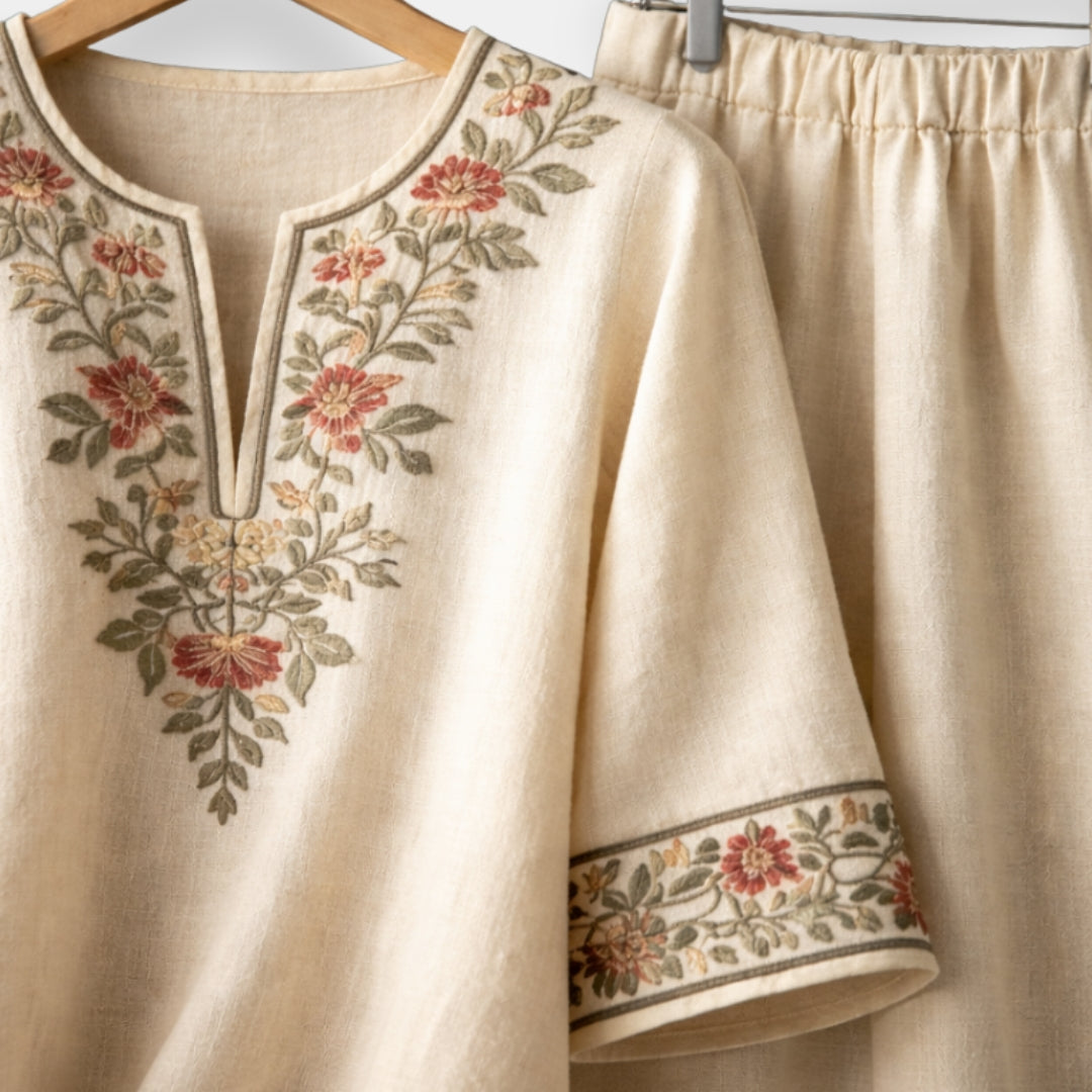 Cordelia set in beige, close-up of floral neckline and sleeve embroidery