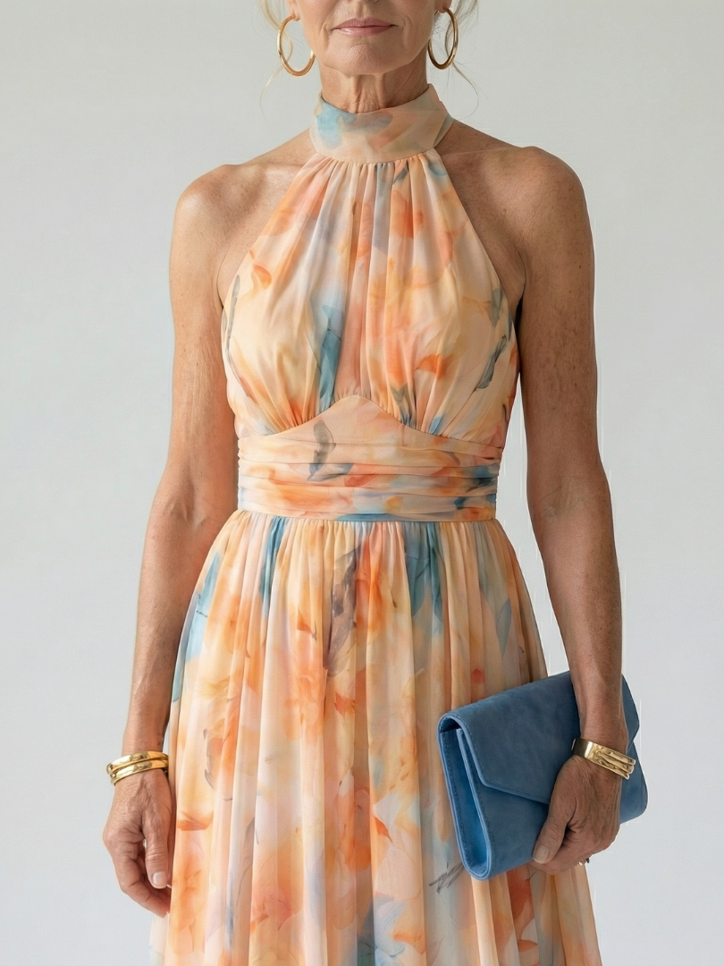 Elin halter midi dress close-up of gathered neckline and waist sash