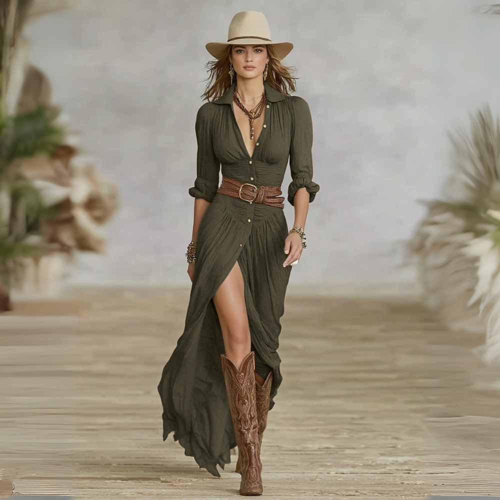 Ceryn chic maxi dress in green, full-length front view