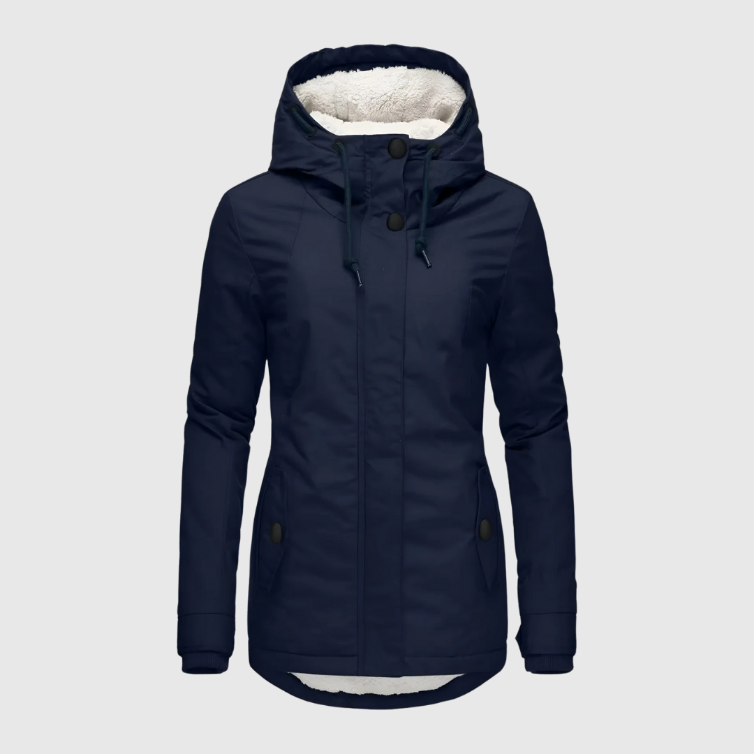 Agnes hooded winter coat in navy blue, front view
