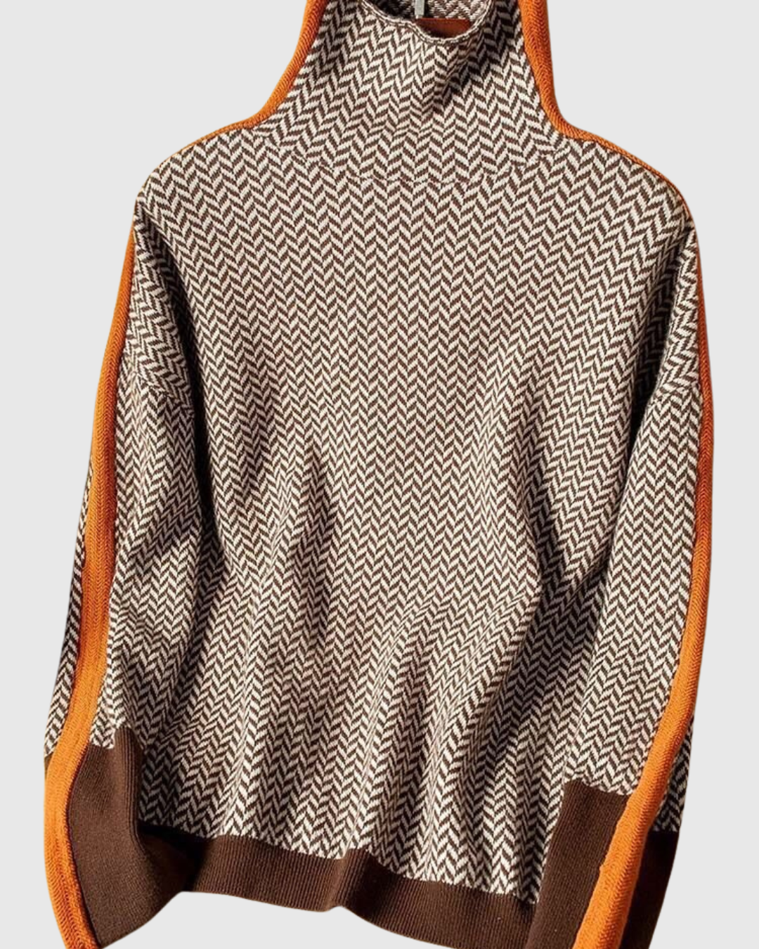 Celianne turtleneck sweater in orange and brown chevron, front product view