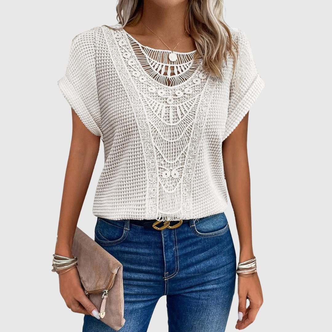 Lucinda lace short sleeve top in off-white, front view worn with jeans