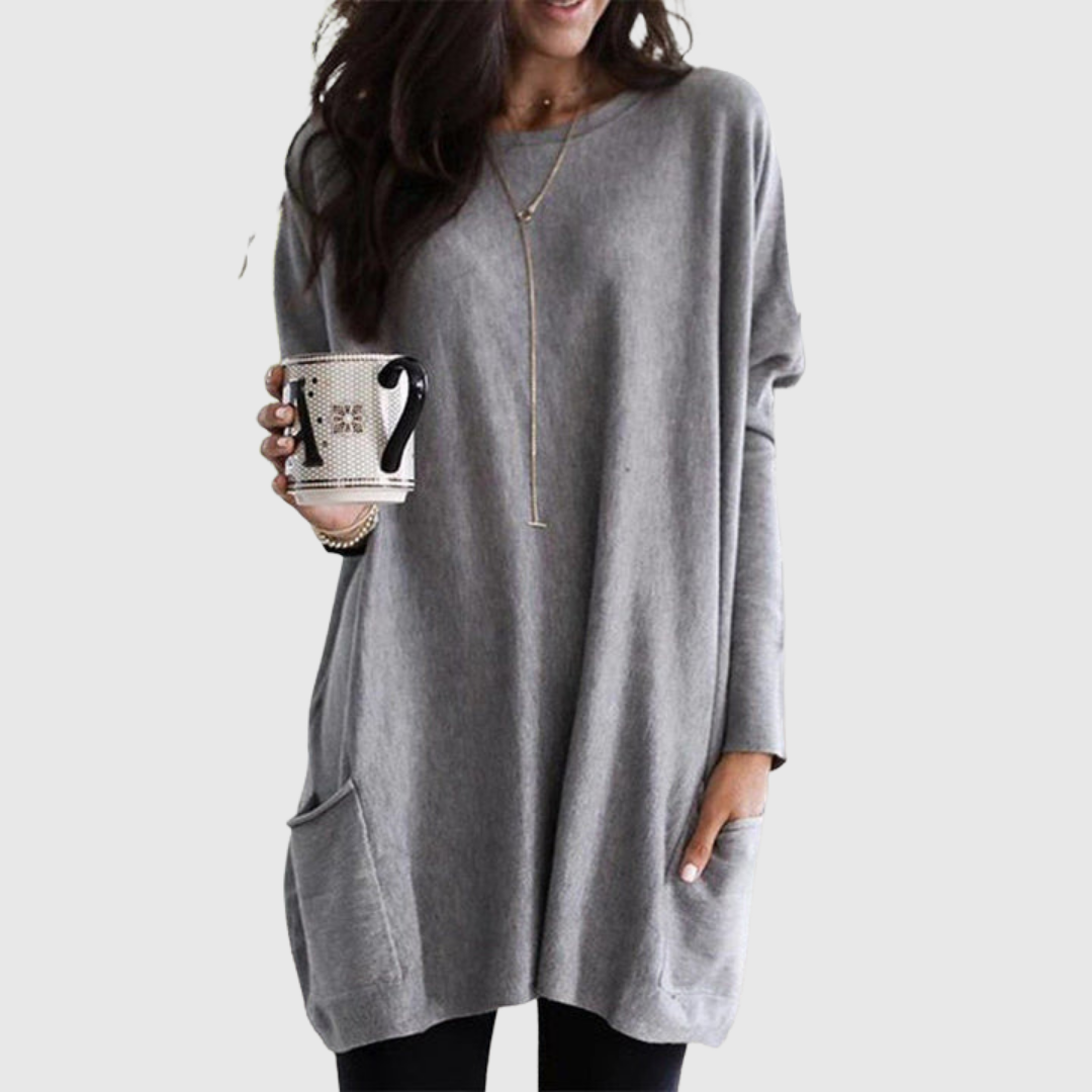 Fenora relaxed pocket tunic in grey, full front view