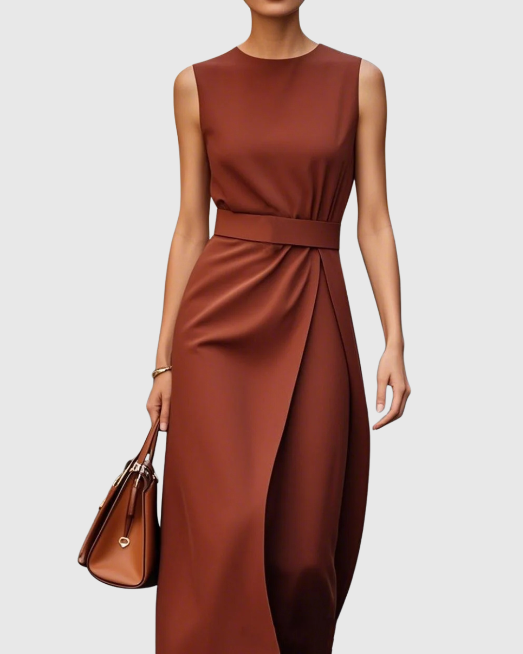 Clarimond round neck dress in dark brown, close view of draped waist