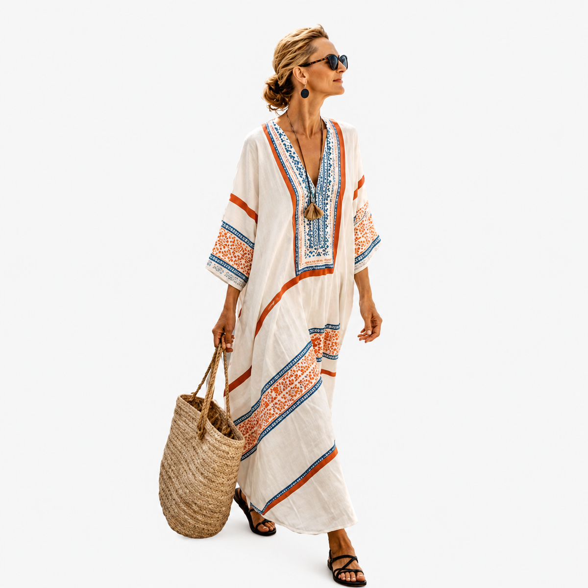 Long white stripe kaftan with orange and blue border print, full-length front view