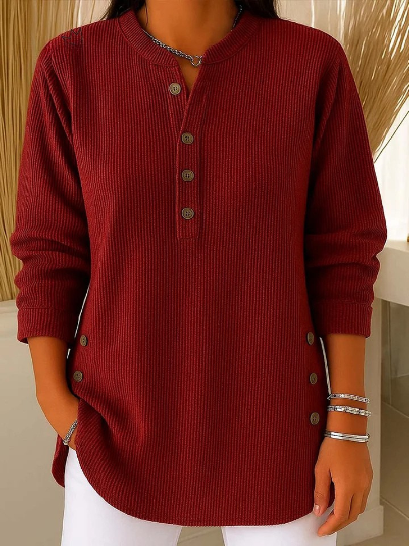 Nieves buttoned Henley tunic in burgundy, front view