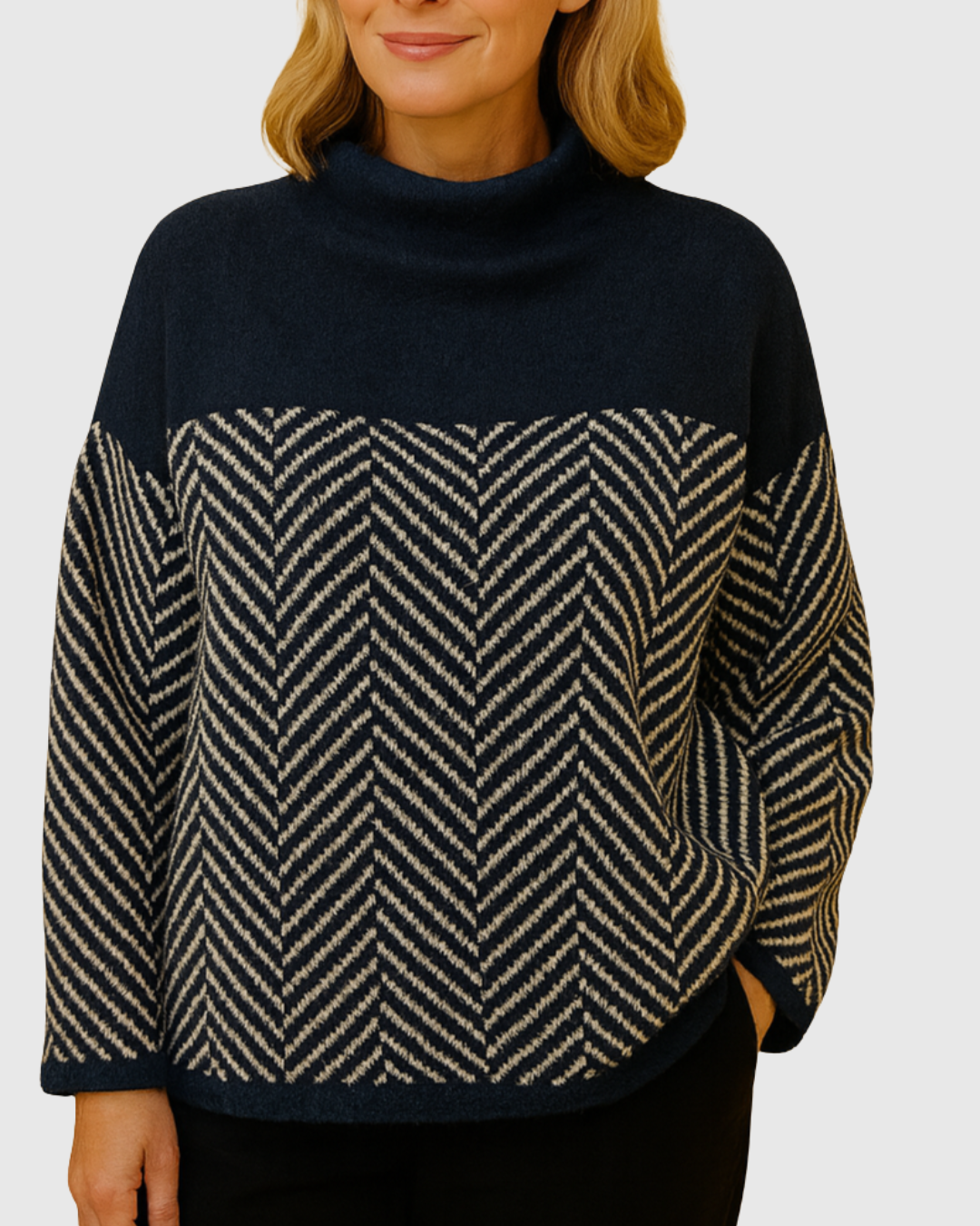 Tamsin turtleneck sweater in navy blue and beige, full front view