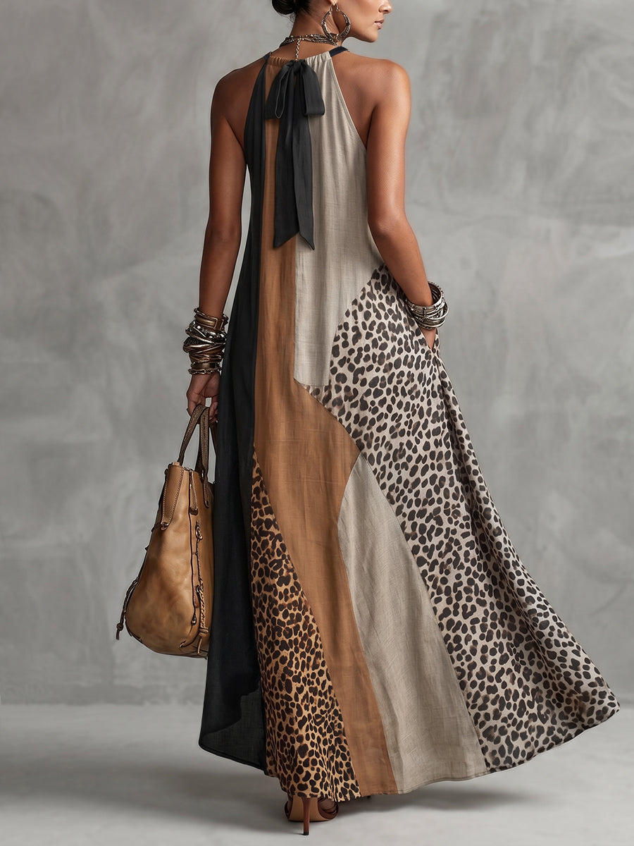 Myrna leopard maxi dress, back view showing halter tie
