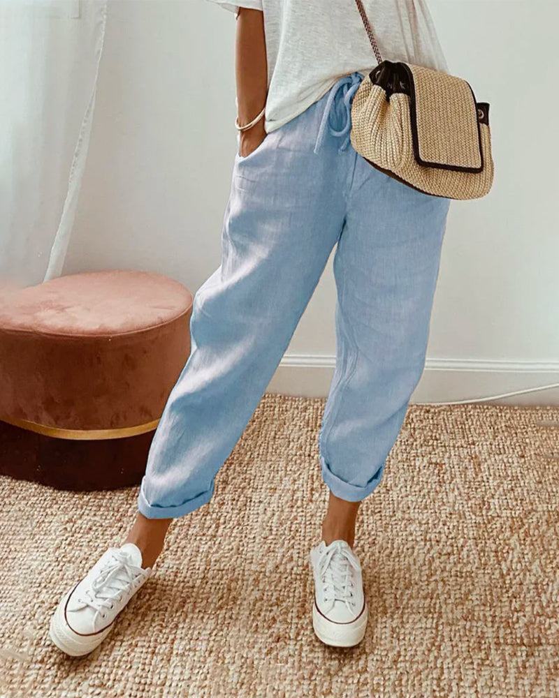 Agatha relaxed summer trousers in light blue, front view