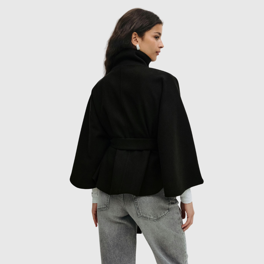 Rhoslyn belted cape jacket in black, back view