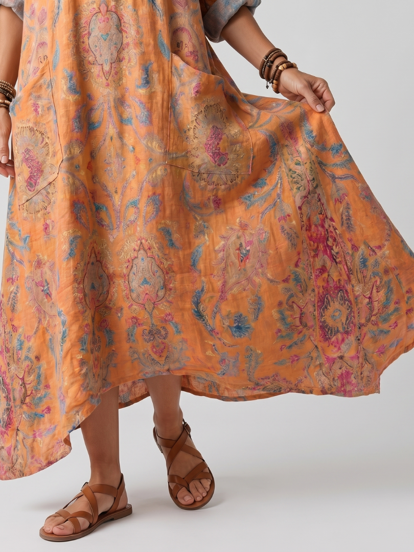 Remi printed midi dress in orange, close-up of paisley print and front pocket