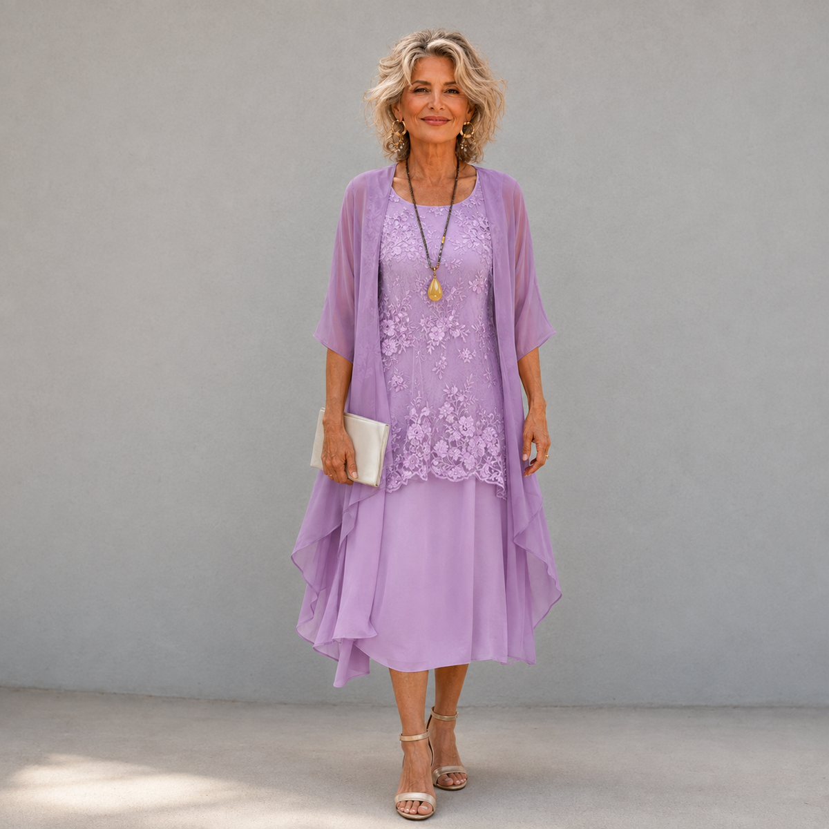 Lumi chiffon two-piece dress in lilac, full-length front view on model