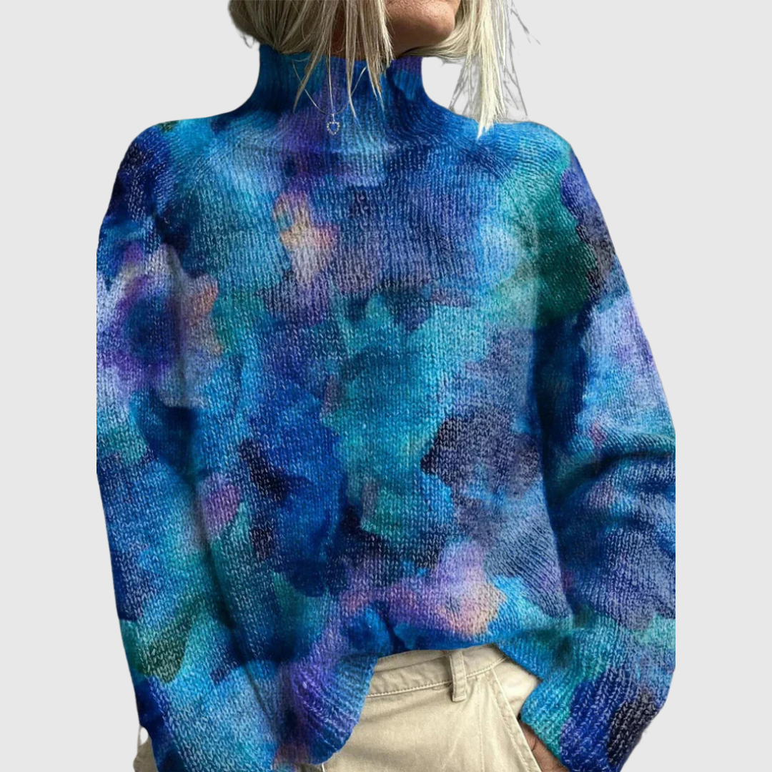 Eris turtleneck sweater in blue watercolour print, front view