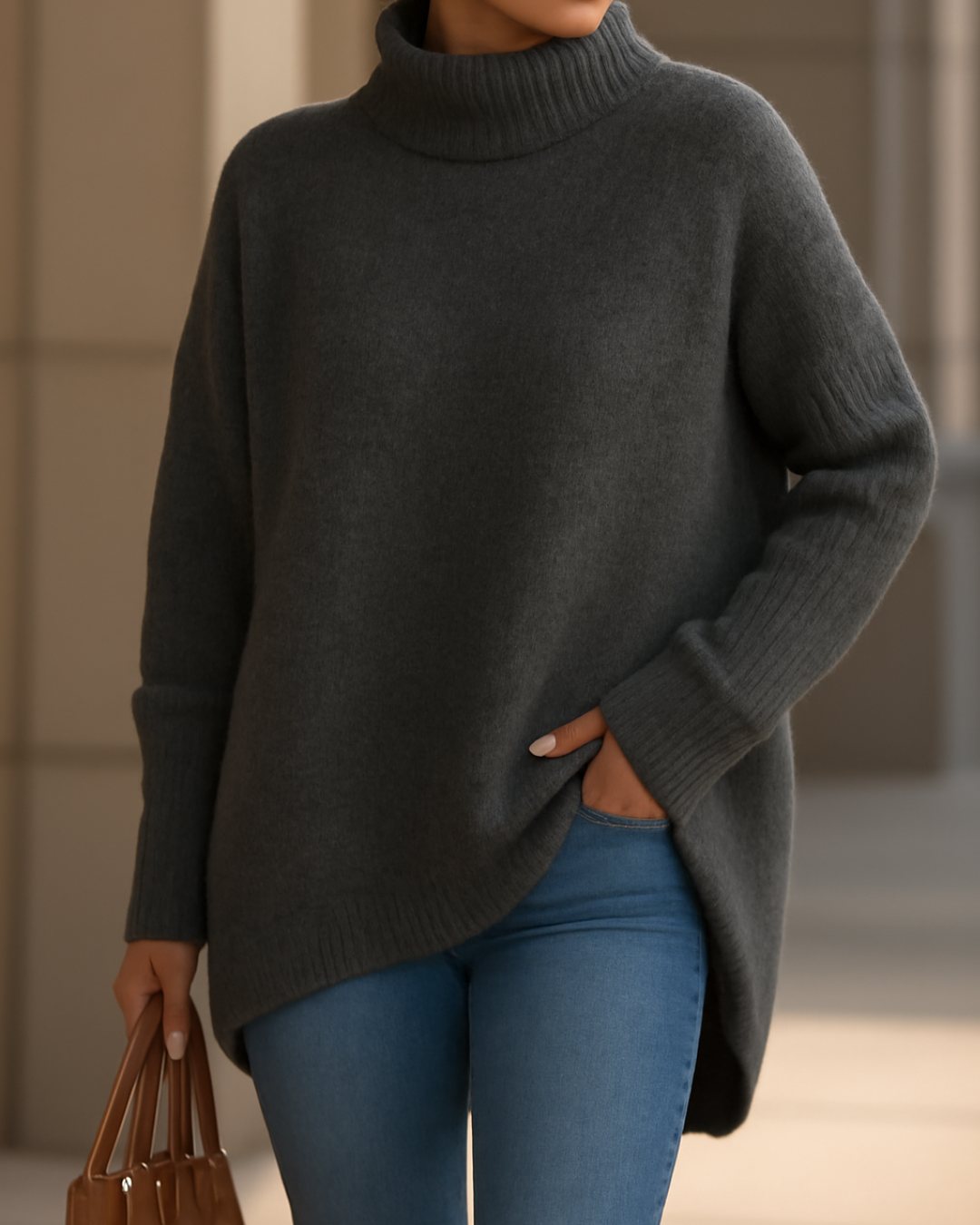Fenella long turtleneck sweater in stone grey, front view worn with jeans