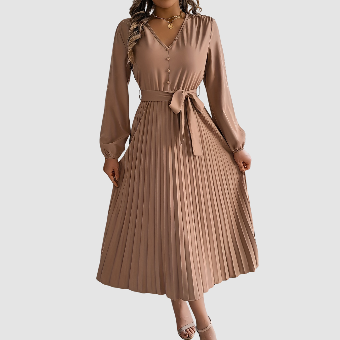 Celeste Bloom pleated midi dress in khaki, full-length front view
