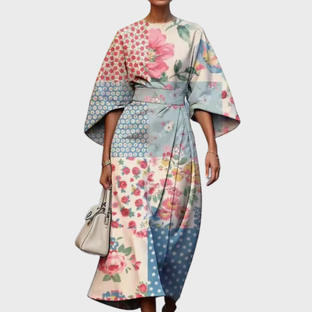 Edrica floral dress in patchwork floral print, full-length front view