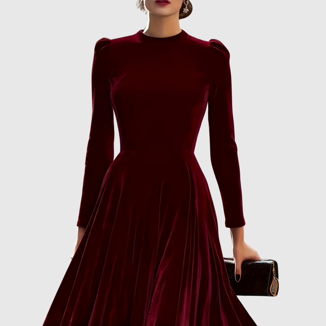 Soopie velvet occasion dress in burgundy, front view with clutch