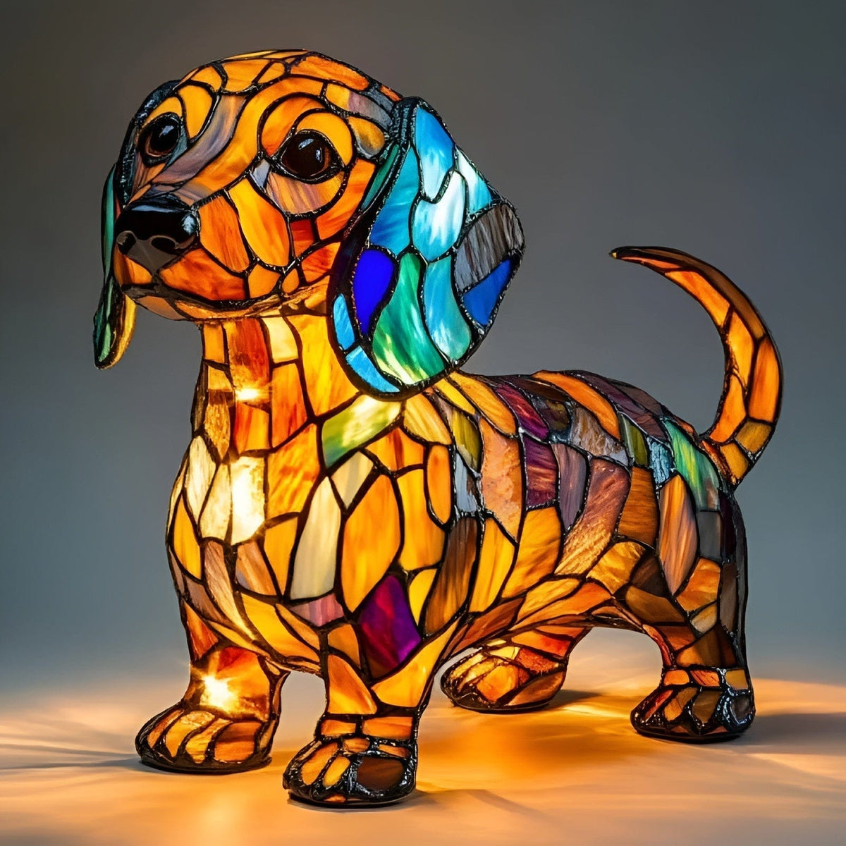 Daphne dachshund lamp in amber mosaic glass, lit side view