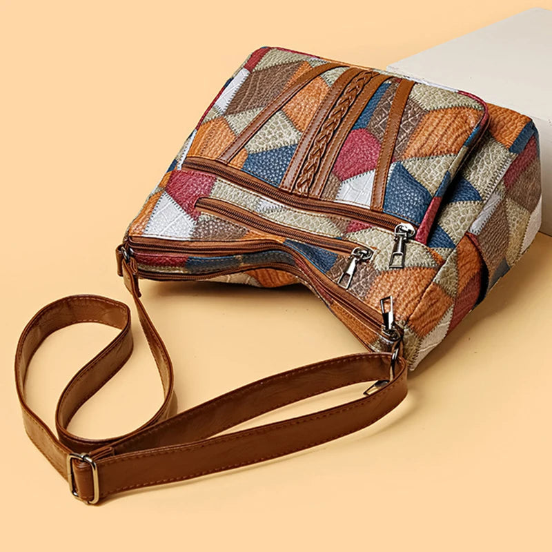 Nella patchwork bag in multicolour, top view showing zipped compartments