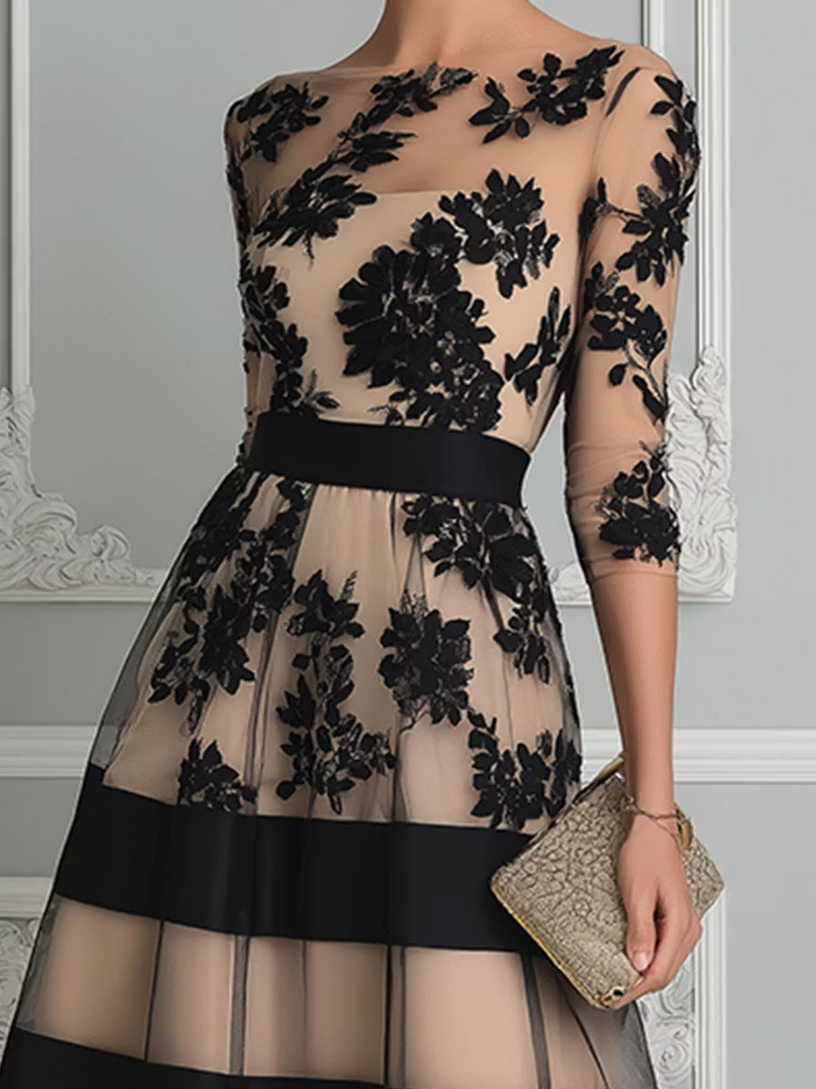 Nora black lace midi dress, close-up of floral lace bodice and waistband