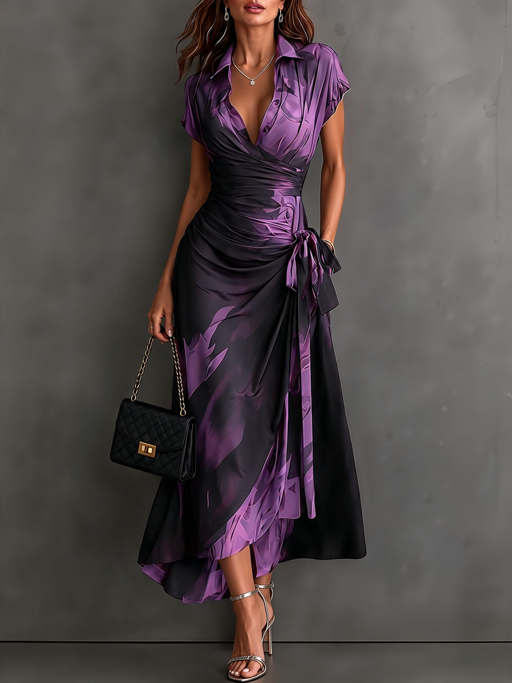 Elisa purple abstract print midi wrap dress, full-length front view