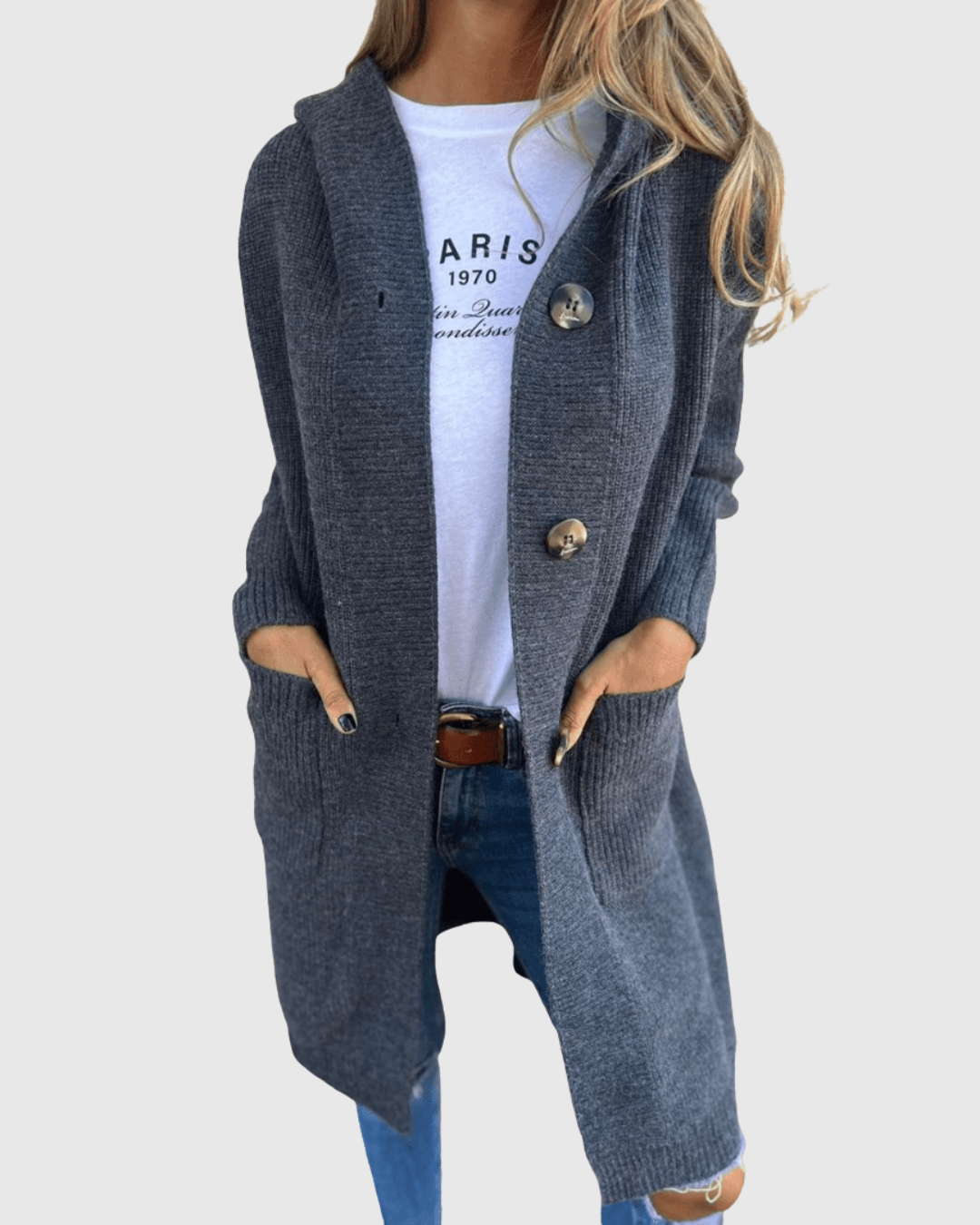 Blythe long hooded cardigan in grey, front view worn open