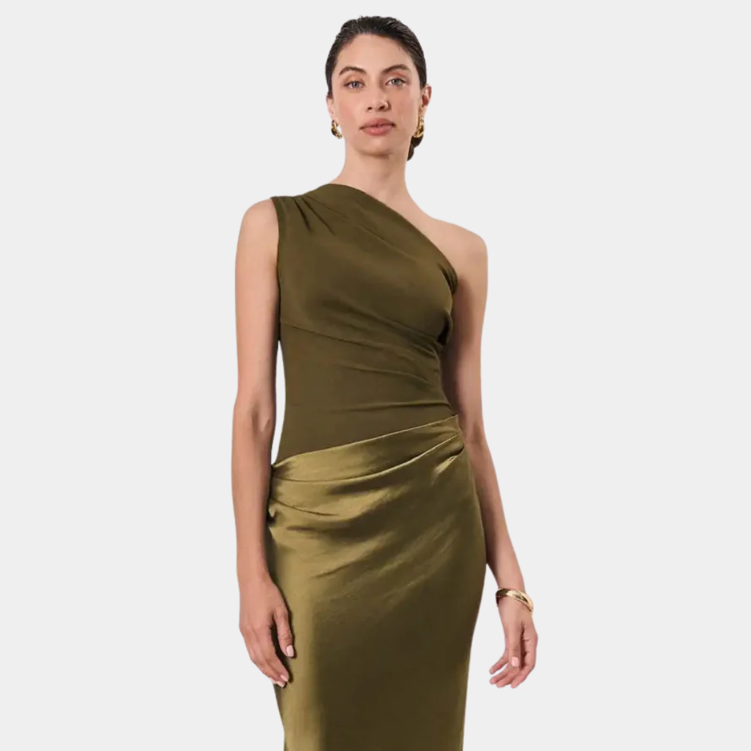 Aleida one-shoulder maxi dress in olive green, close view of ruched bodice