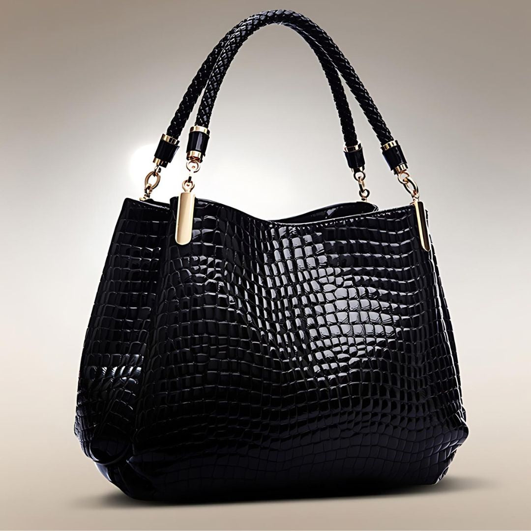 Lusso Milano crocodile shoulder bag in black, three-quarter view