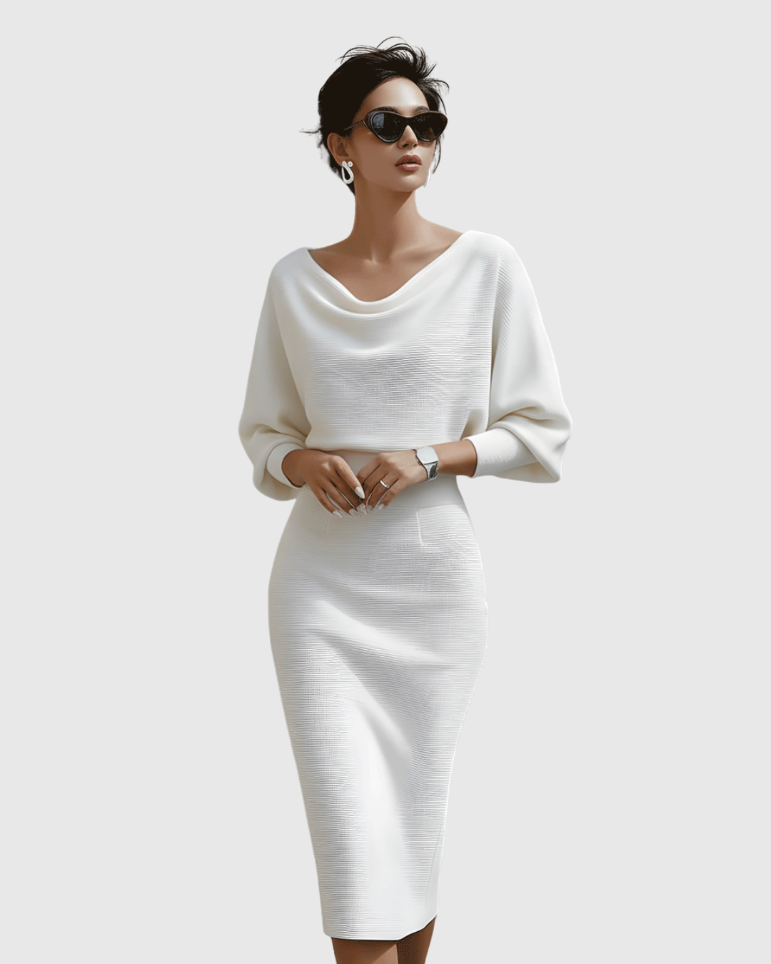 Isméria draped batwing midi dress in white, full-length front view