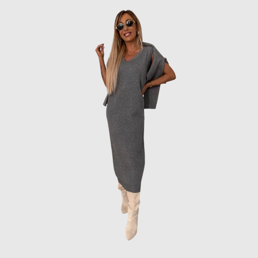 Anwen knit set in grey, jumper draped over the midi dress-like skirt