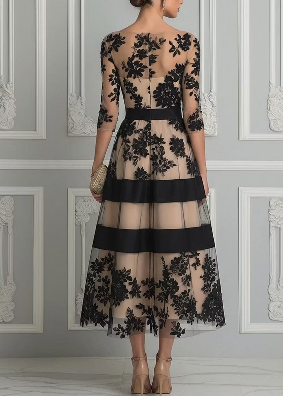 Nora black lace midi dress in black and nude, back view