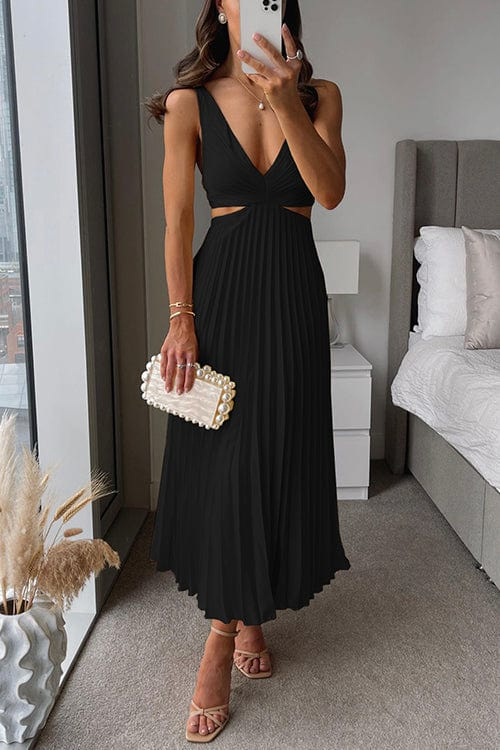 Sanne pleated satin midi dress in black, full-length front view
