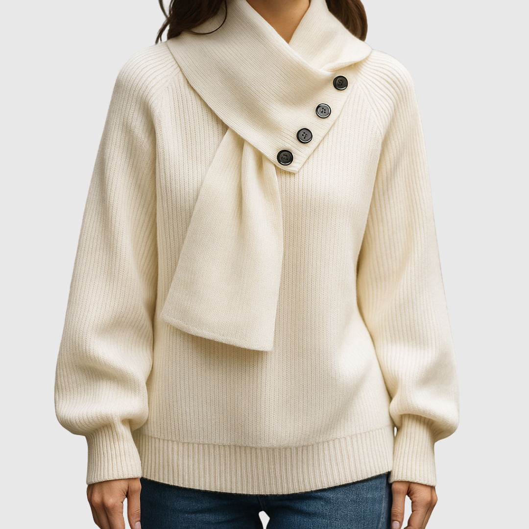 Seraphinja scarf-neck sweater in white, front view on model