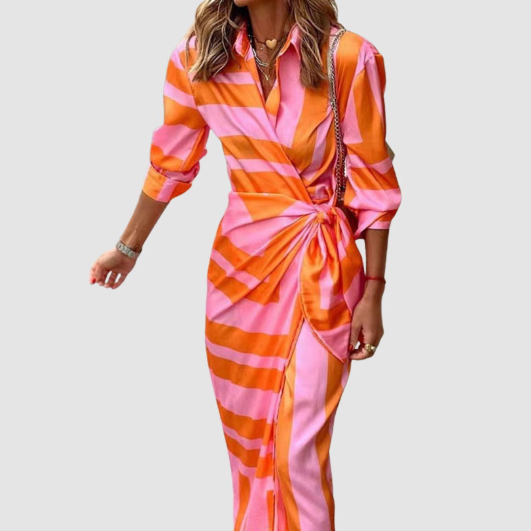Cecilia wrap-front midi dress in orange and pink stripe, front view