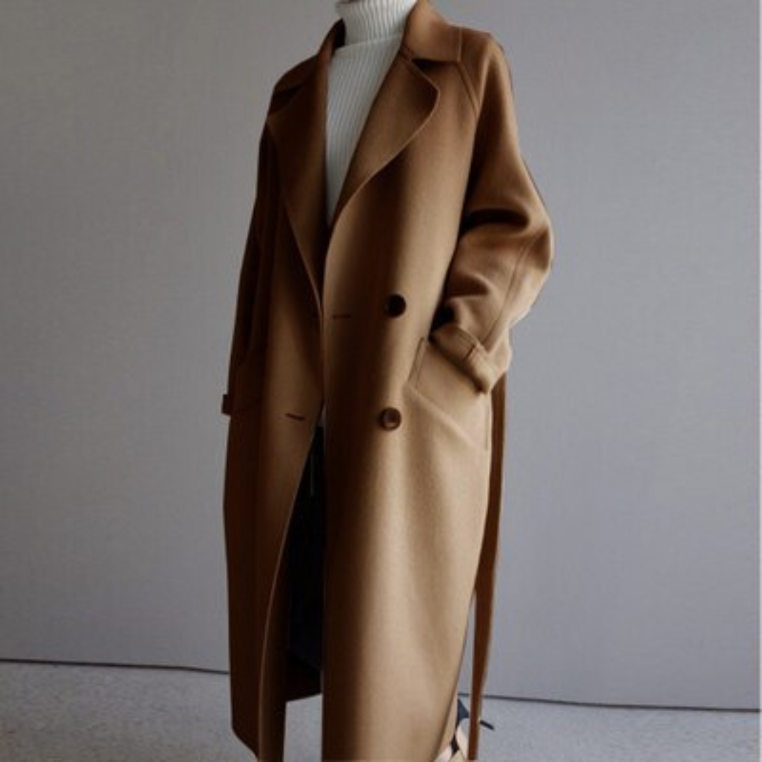 Cerys long trench coat in caramel, side view