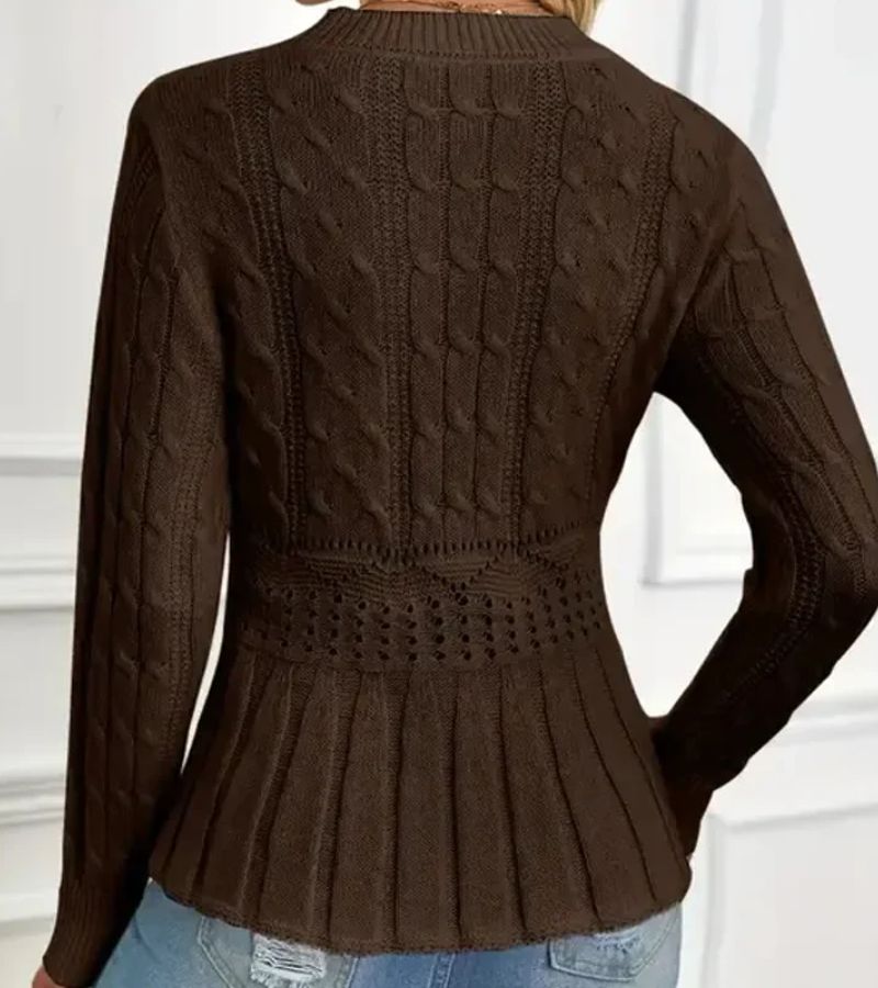 Seyla cable knit peplum sweater in coffee brown, back view