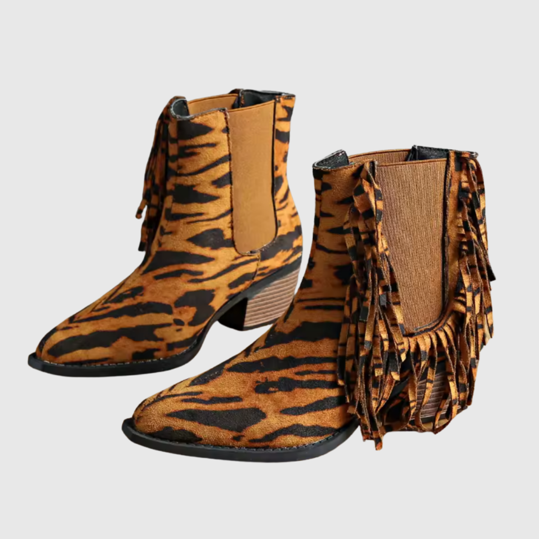 Olivine fringe ankle boots in brown animal print, pair on plain background
