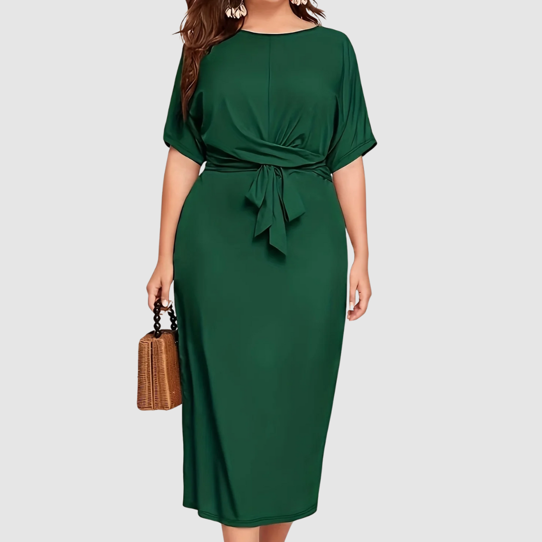 Margaux Lane timeless midi dress in green, front view with waist tie