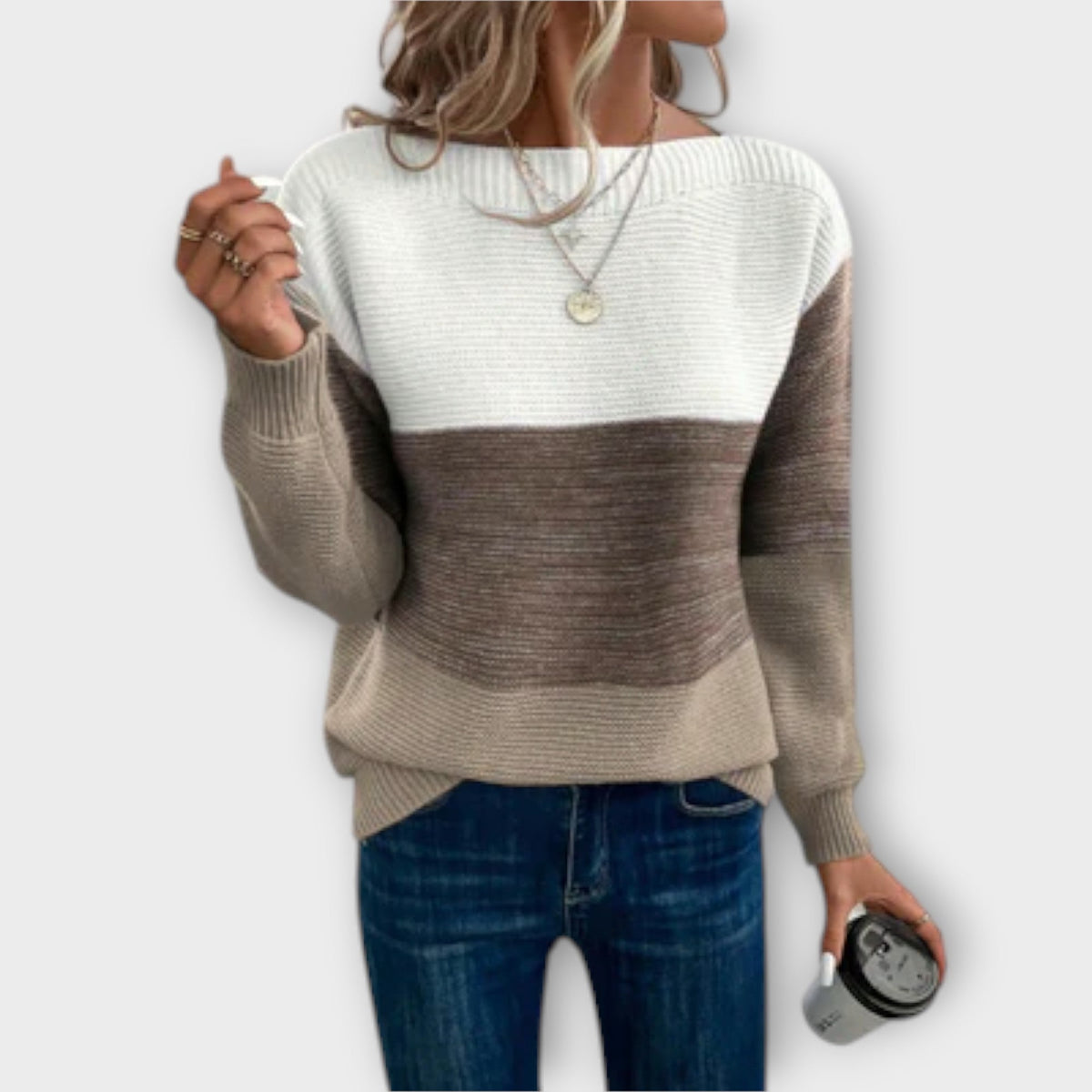 Elisabet colour-block sweater in brown and white, front view