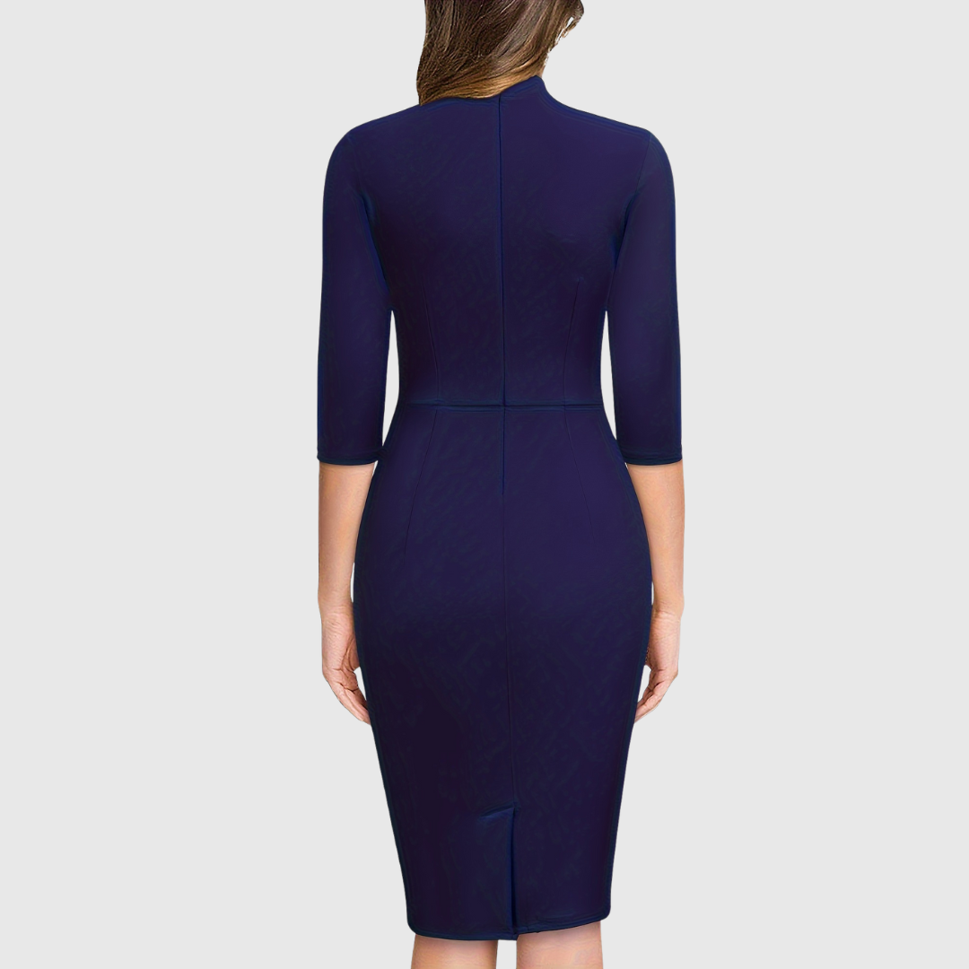 Hariethe tie-neck sheath dress in navy blue, back view