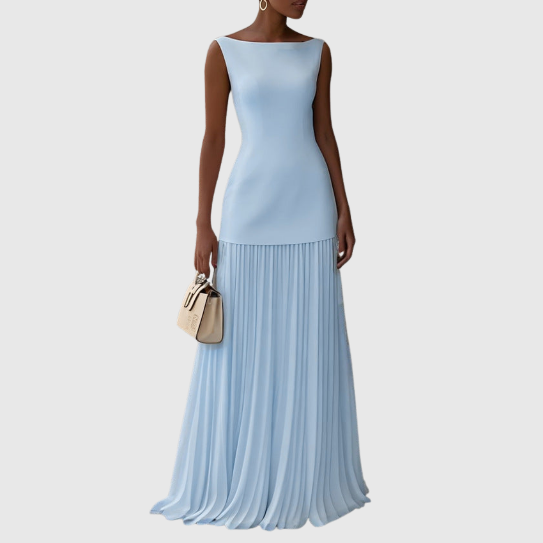 Coralie pleated maxi dress in light blue, full-length front view