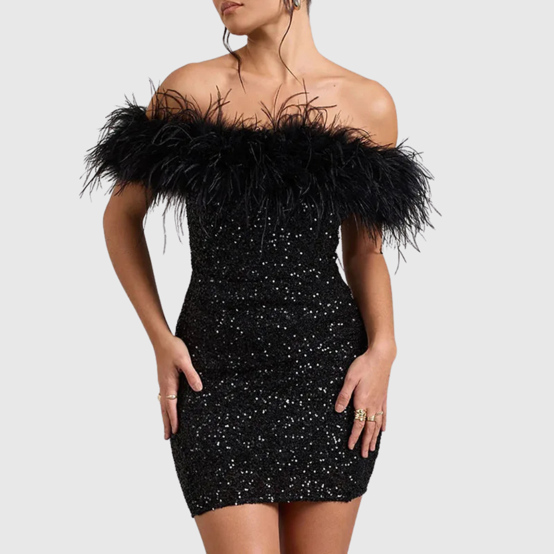 Adriana sequin mini dress in black, close front view of feather neckline