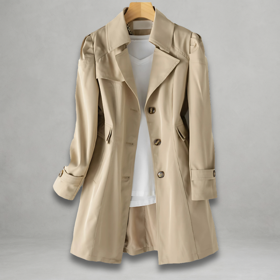 Clarisse trench coat in khaki, front view on hanger