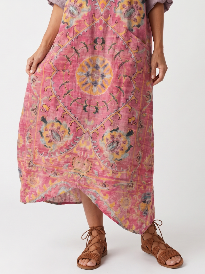 Tilda midi dress in pink, close-up of print and curved hem