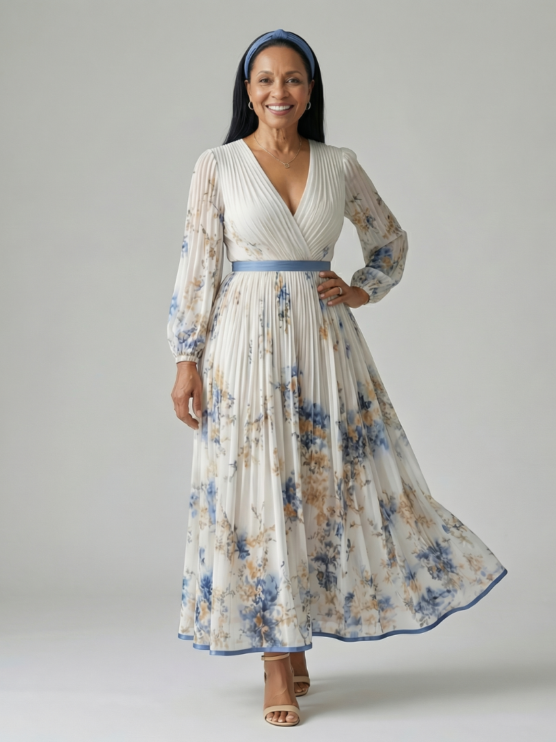 Rhiannon pleated floral wrap midi dress in white with blue print, front view with hand on hip