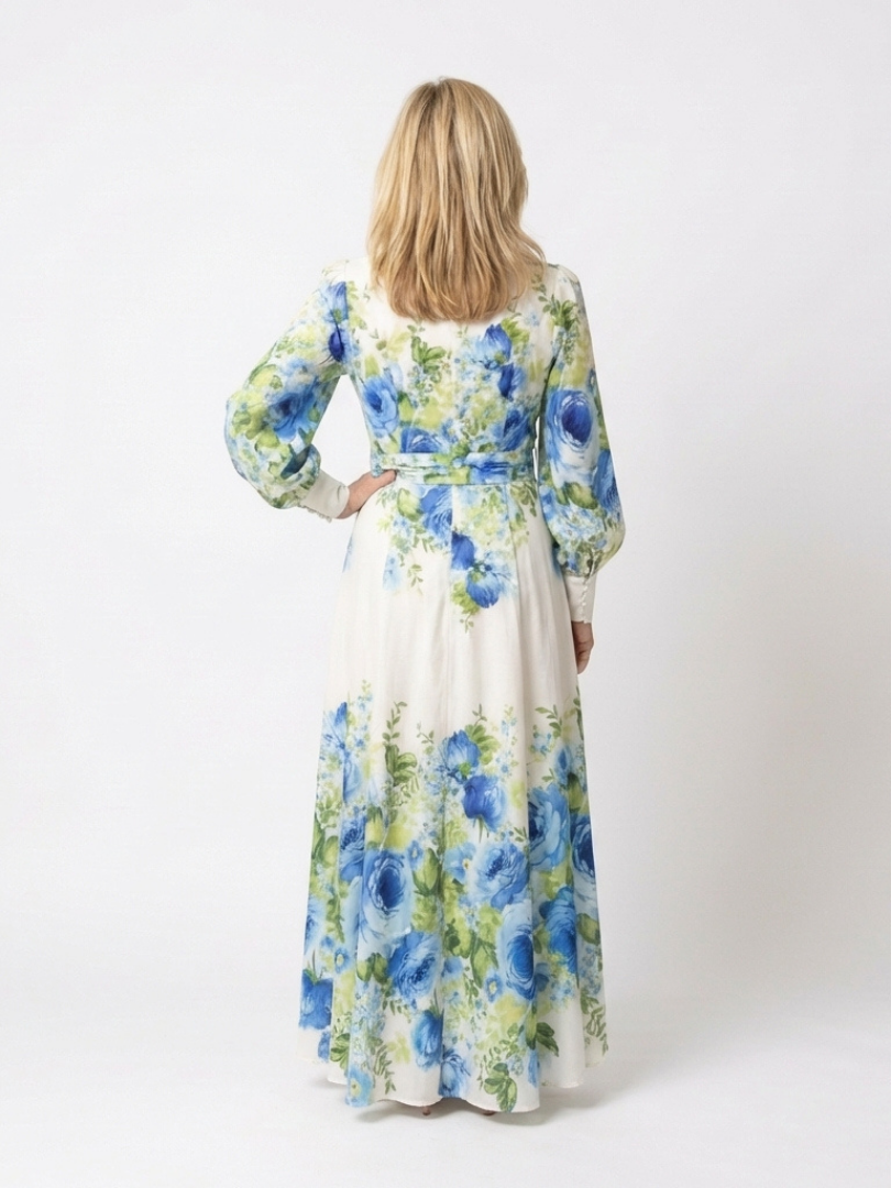 Harper floral maxi dress in cream and blue, back view showing tie waist