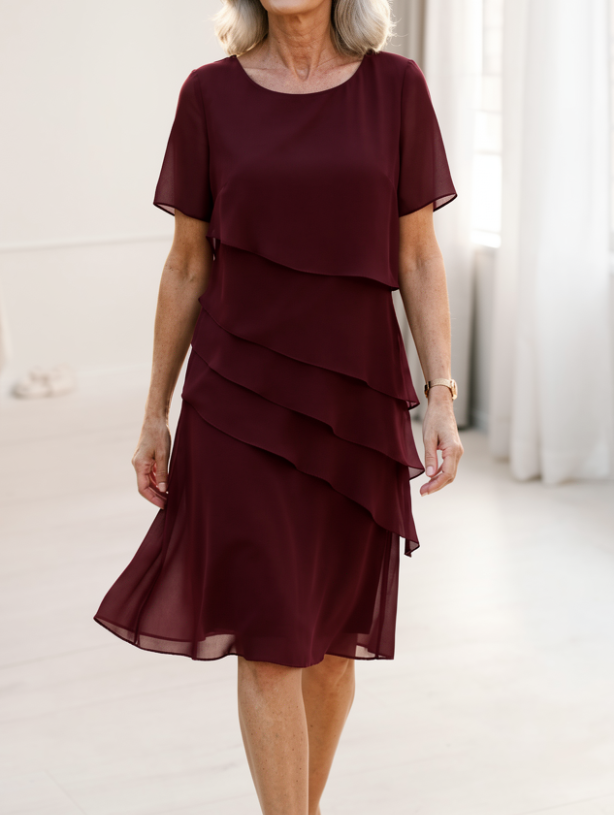 Linda layered chiffon ruffle dress in red, front view
