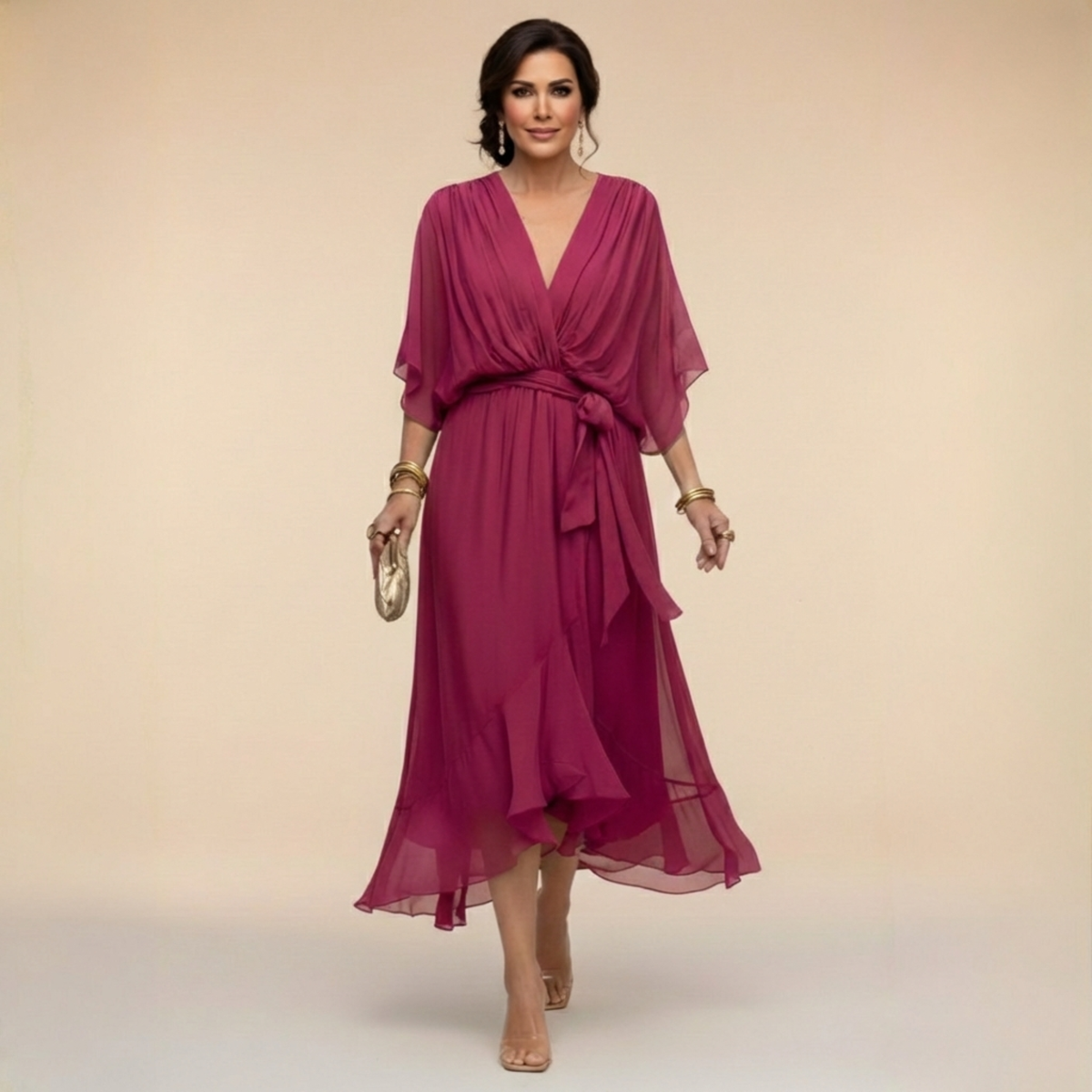 Monica wrap midi dress in berry pink, full-length front view