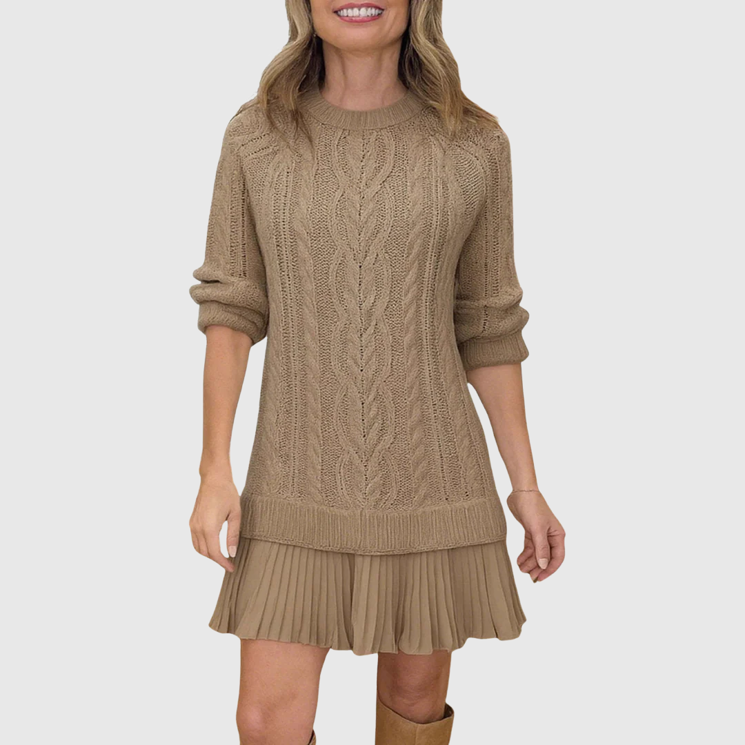 Eira classic sweater dress in caramel brown, front view